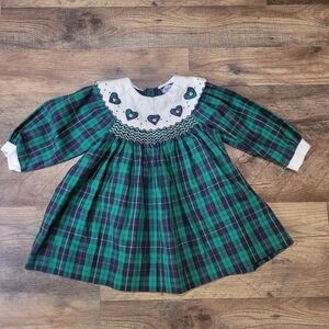 Vintage 80's Carriage Boutique Scottish Green & Blue Plaid Embroidered Babydoll